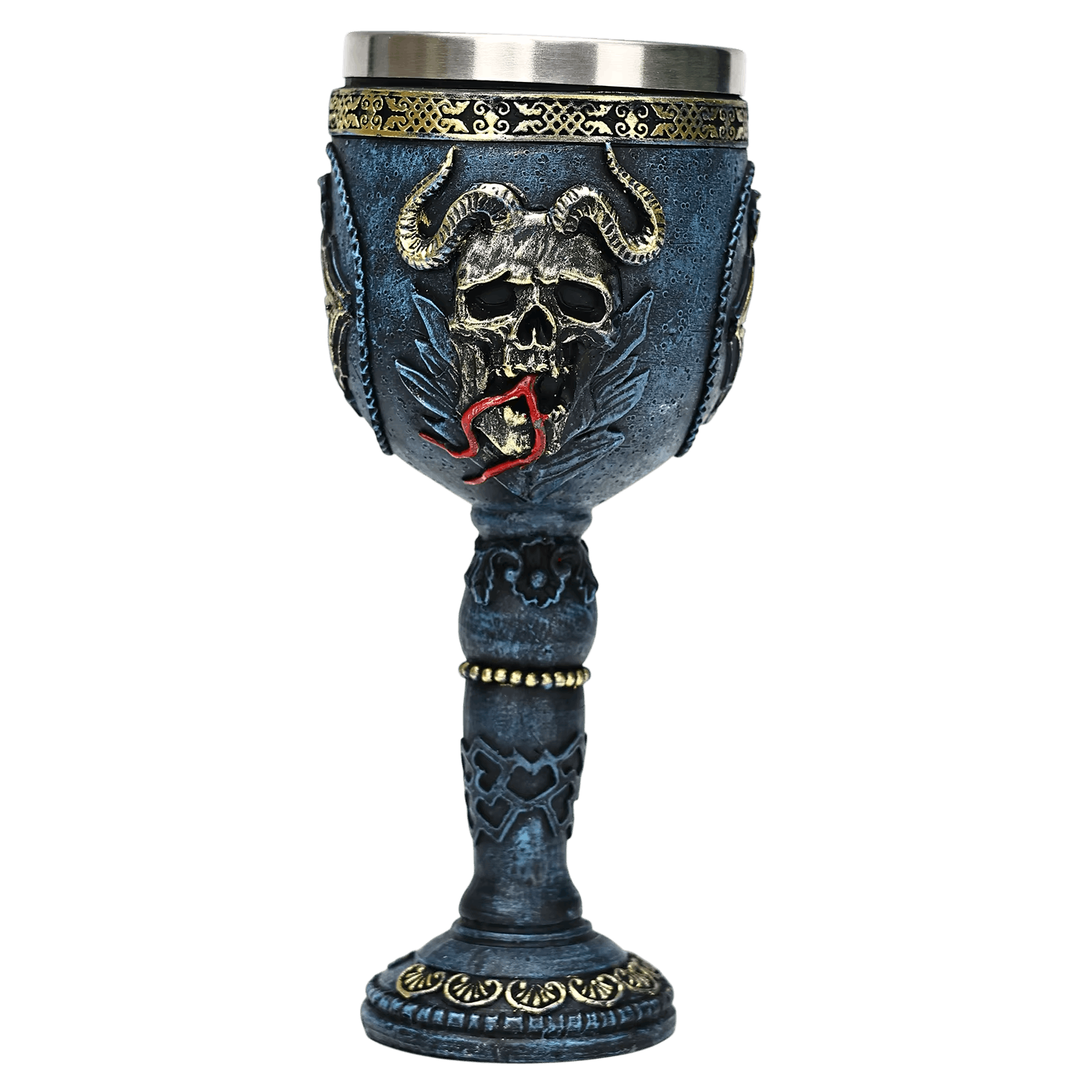 Calice crâne aux cornes de bélier dorées sur coupe bleu ardoise, résine sculptée et godet acier