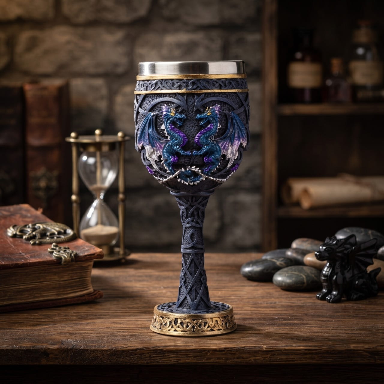 Calice double dragon bleu posé sur un bois sombre en lumière froide