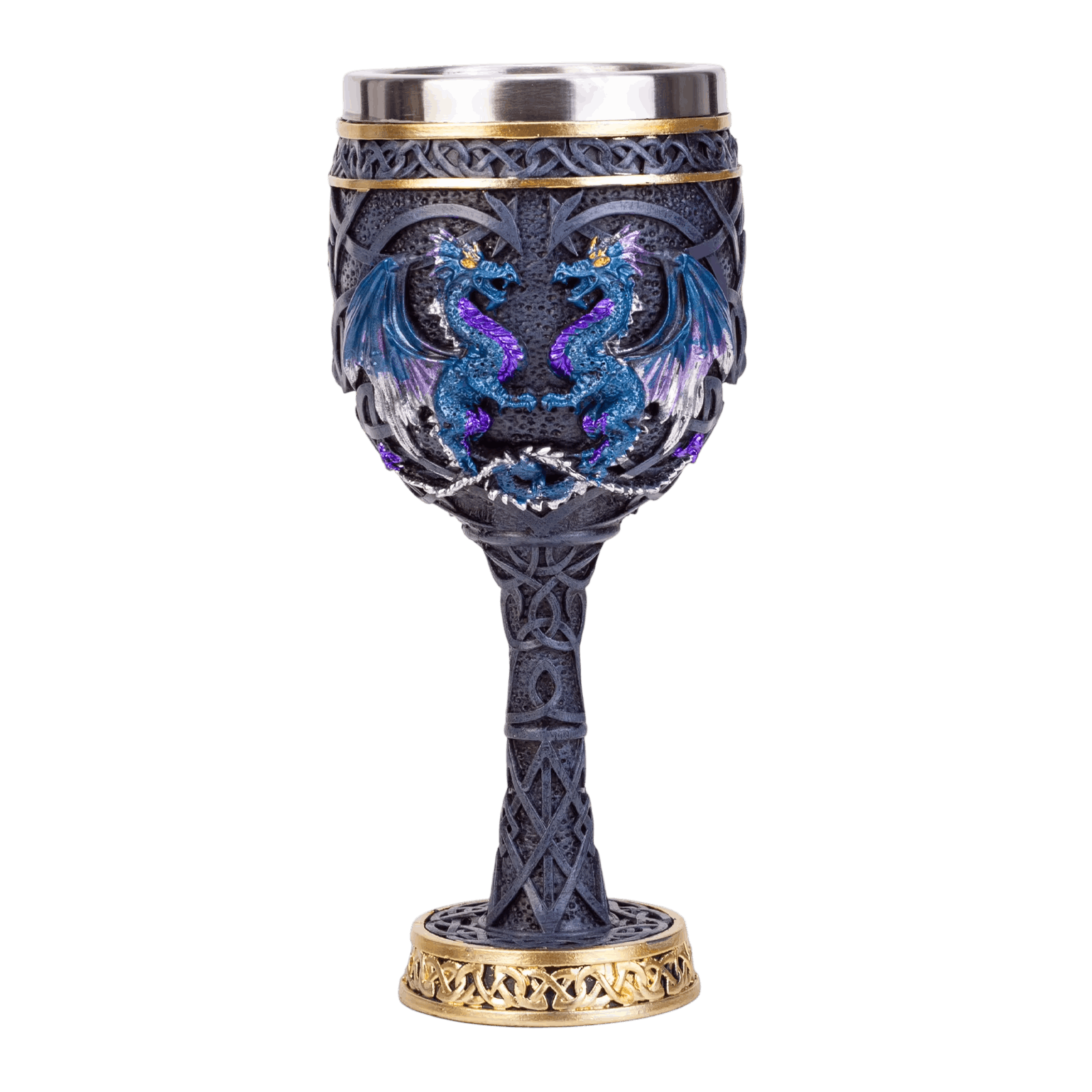 Calice à deux dragons bleus affrontés, entrelacs gravés et pied cerclé d'or