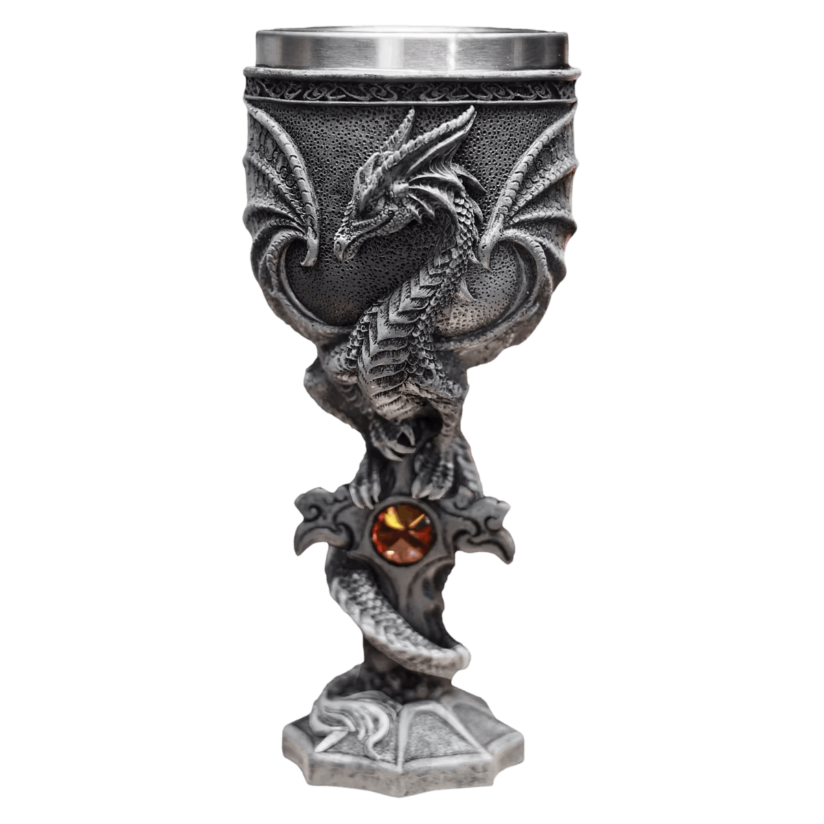 Calice dragon ailé argent avec gemme d'ambre facettée, résine sculptée et godet acier