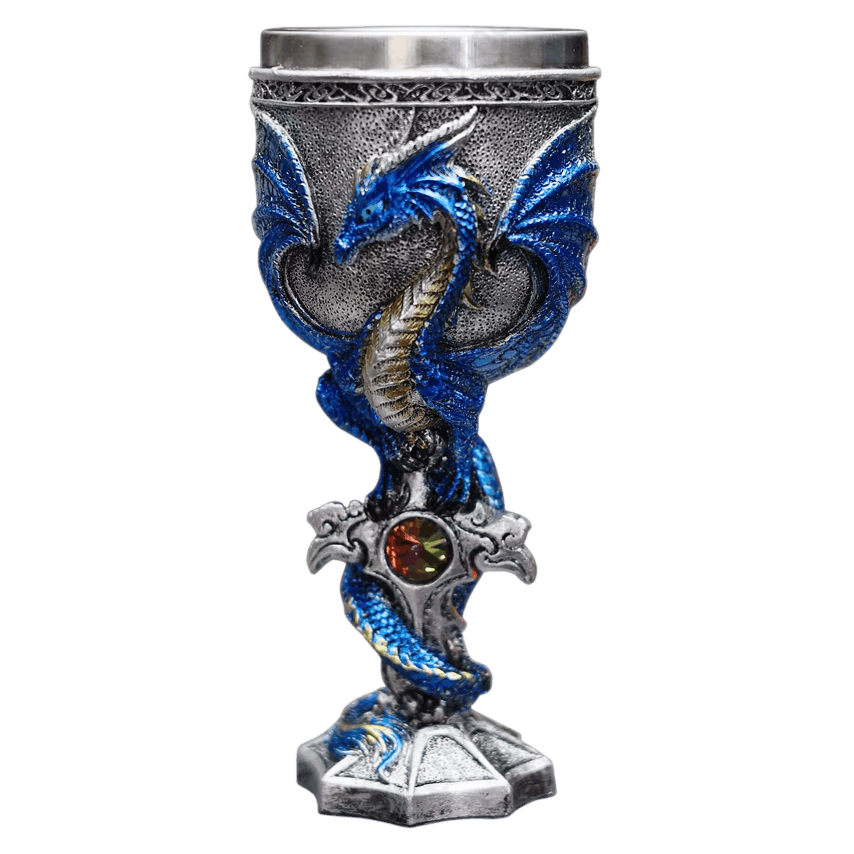 Calice dragon ailé bleu nuit avec gemme d'ambre sertiée sur le fût