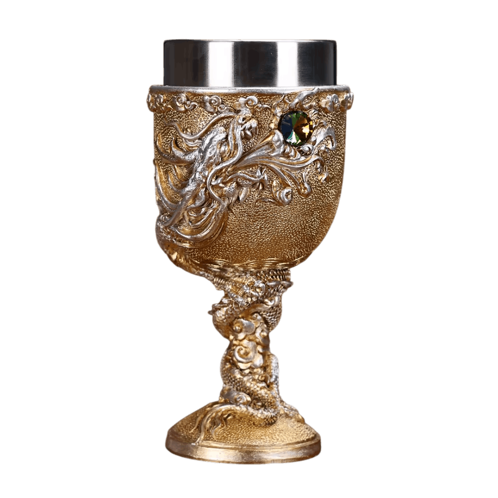 Calice dragon doré en résine patinée or et argent, gemme sertiée et godet acier inoxydable
