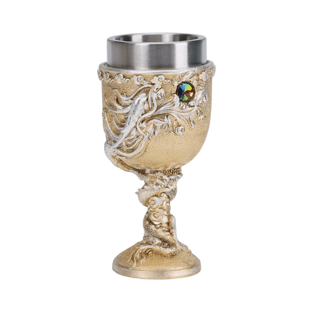 Calice au dragon oriental sculpté dans les nuages, gemme irisÃ©e et godet acier