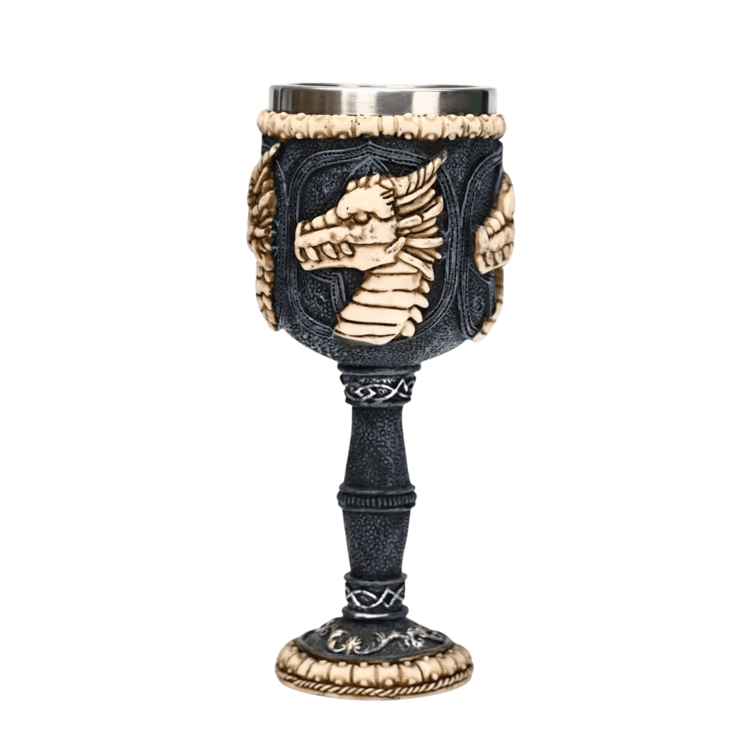 Calice à tête de dragon couleur os sur coupe noire mate, résine sculptée et godet acier