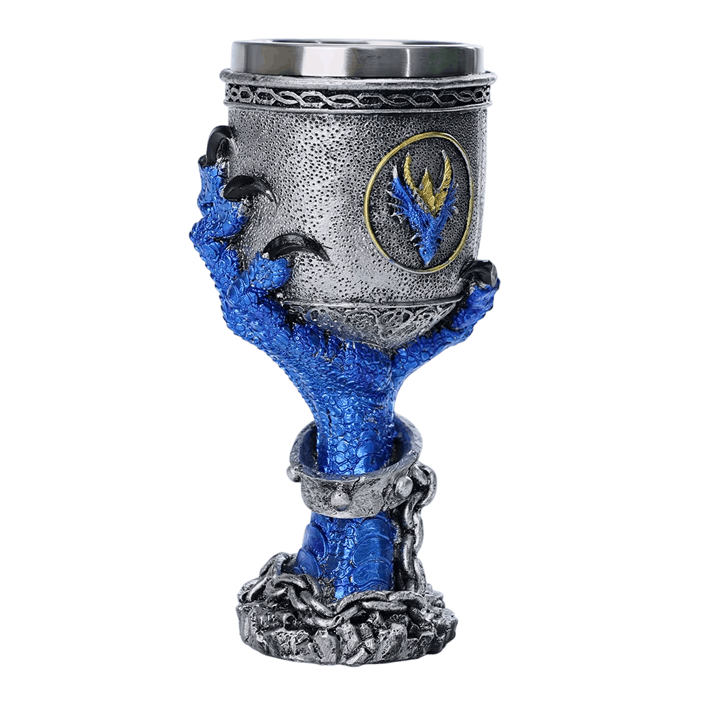 Calice dragon bleu aux serres griffues, médaillon doré et chaîne sculptée