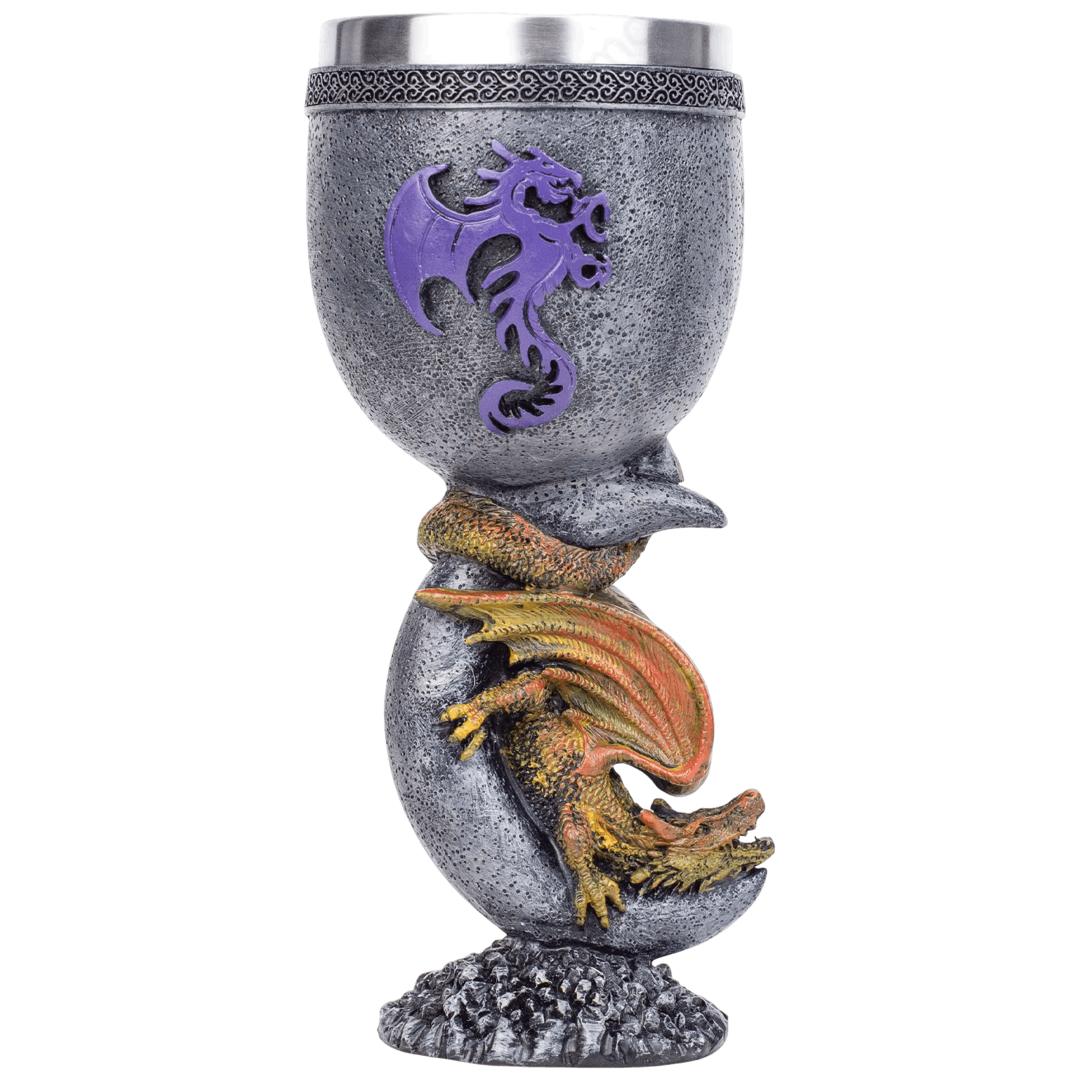 Calice dont le pied est formé par un dragon orange dressé sur un socle rocheux