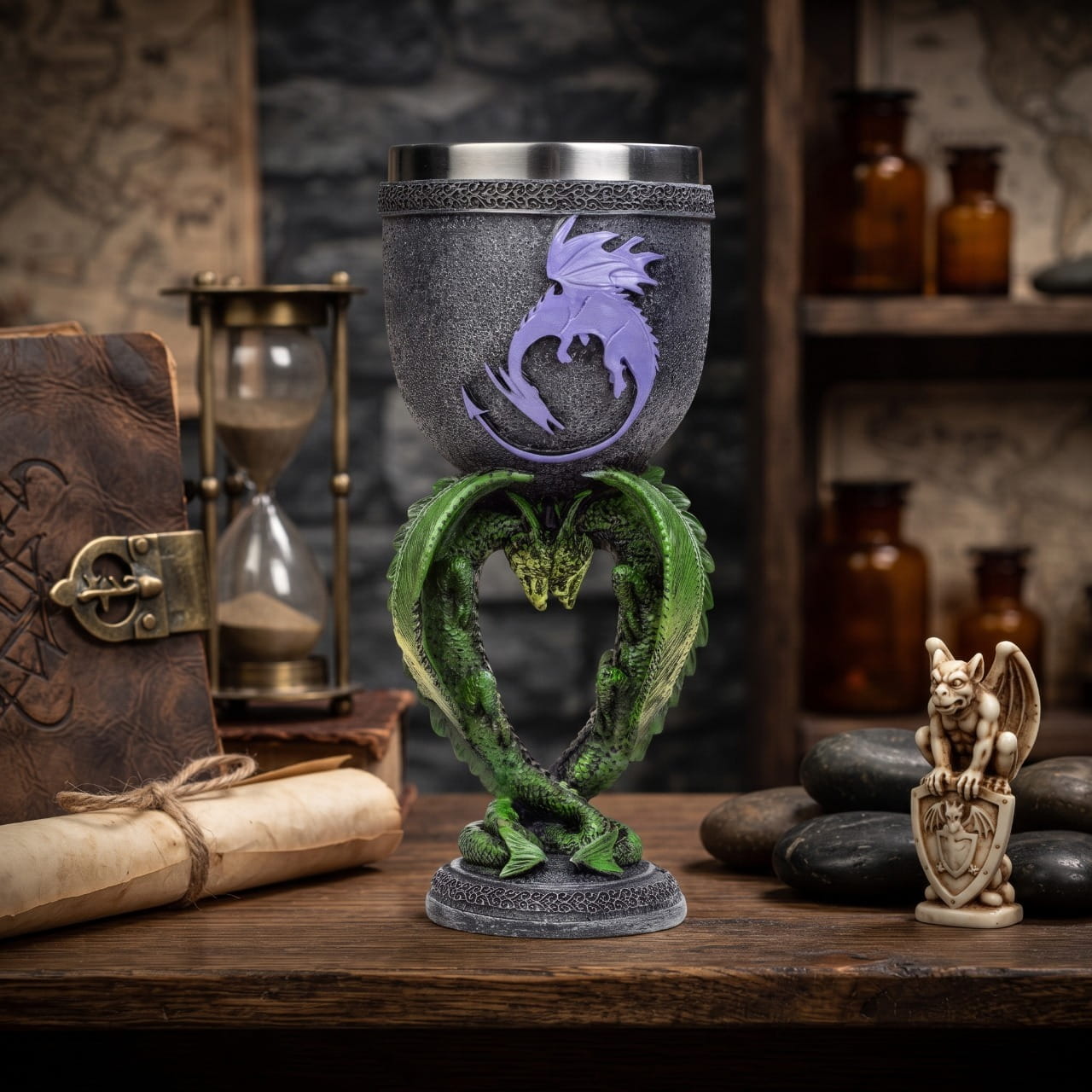 Calice au fût dragon vert posé sur un bois sombre