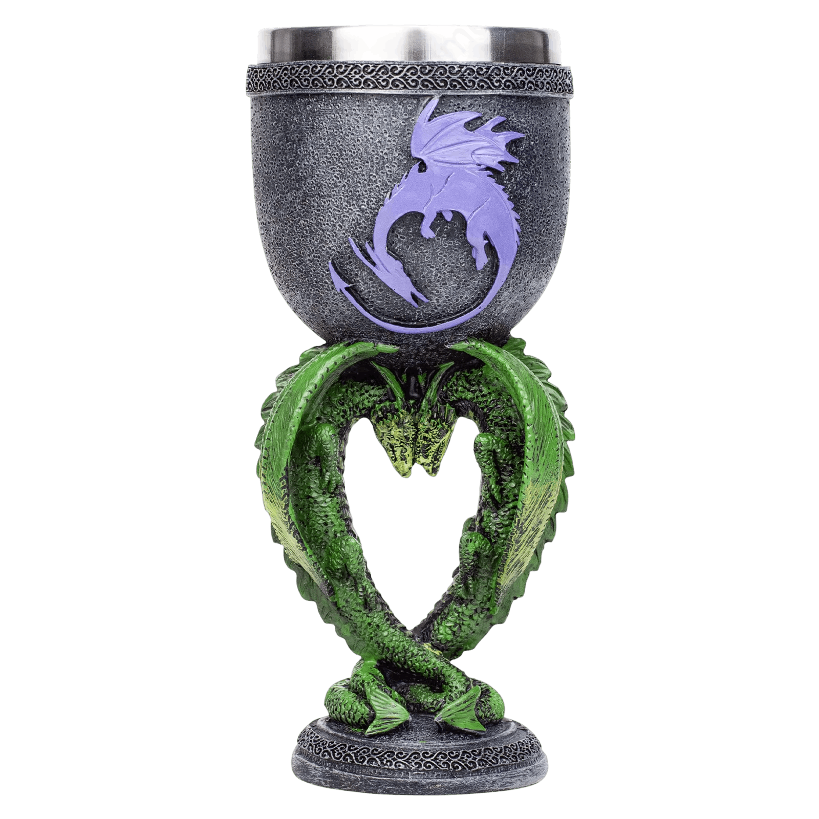 Calice dont le pied est formé par un dragon vert dressé, coupe grise gravée