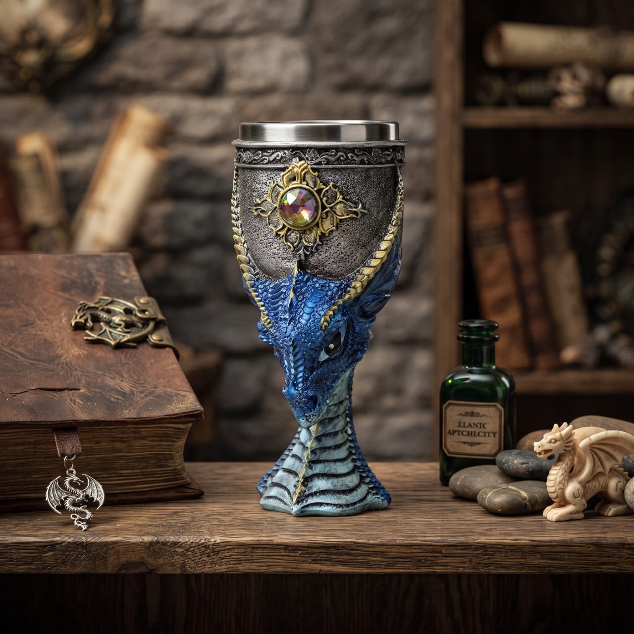 Calice tête de dragon bleu posé sur un bois sombre en lumière tamisée
