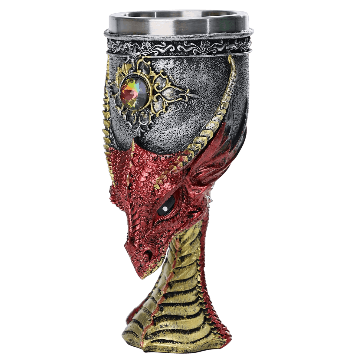 Calice tête de dragon rouge en résine sculptée, écailles patinées et gemme sertiée