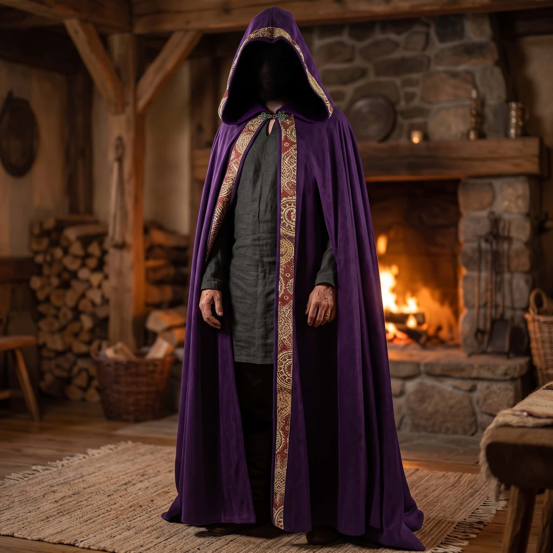 Cape Médiévale à Capuche Violette : Galon Tissé, Longueur au Sol, vue en situation