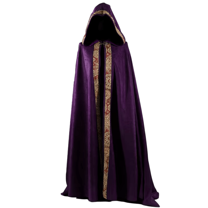 Cape Médiévale à Capuche Violette : Galon Tissé, Longueur au Sol, vue de face sur fond blanc