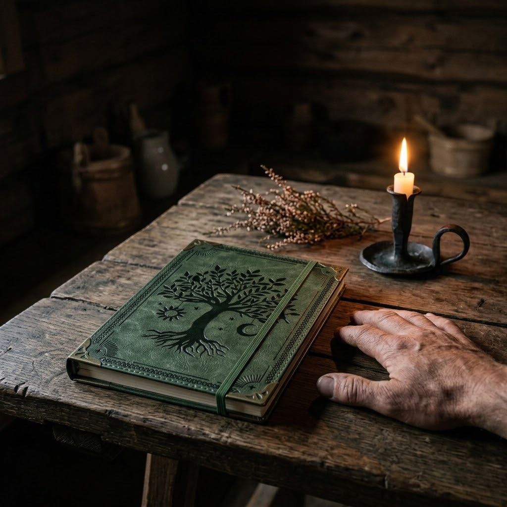 Carnet viking vert à l’arbre de vie gaufré posé sur une table de chêne, près d’une bougie et d’un brin de bruyère, une main à côté