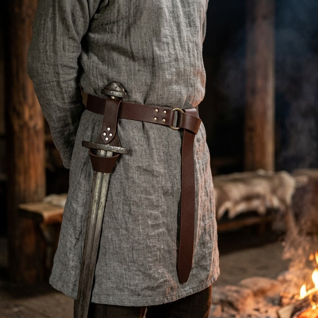 Viking ring belt knotted over a linen tunic, a sword slipped into the sword frog at the hip, in a firelit longhouse