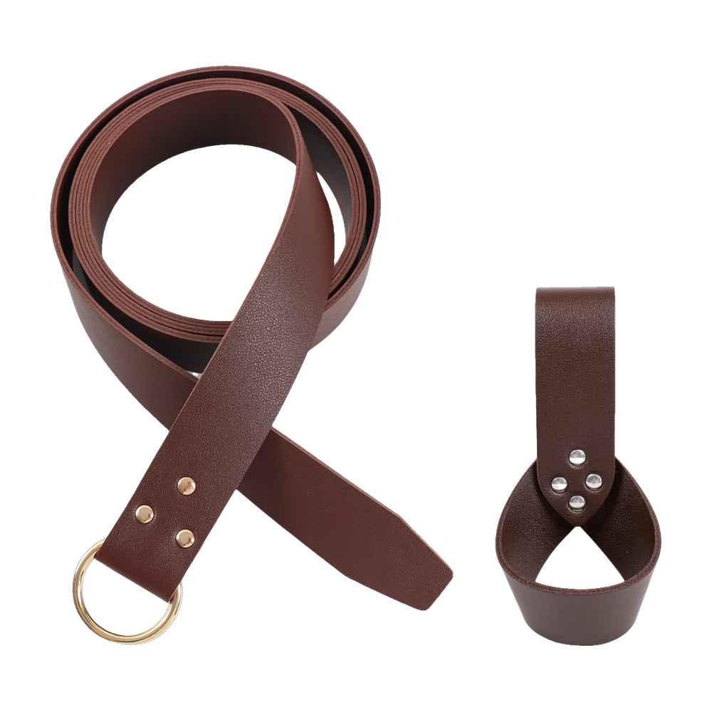 Brown faux leather Viking ring belt with gold-tone ring and sword frog
