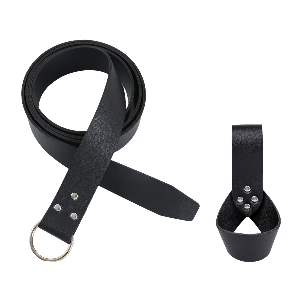 Black faux leather Viking ring belt with silver-tone ring and sword frog