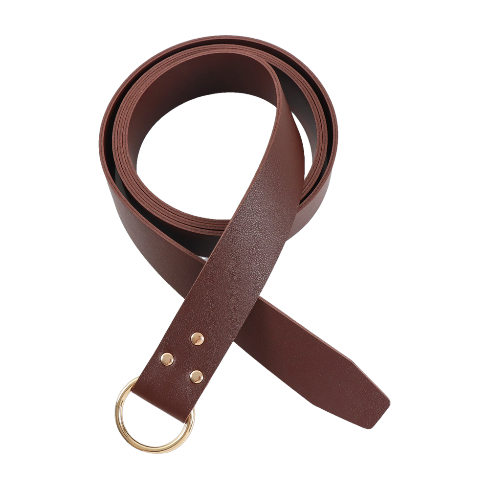 Brown faux leather Viking ring belt with gold-tone ring, coiled