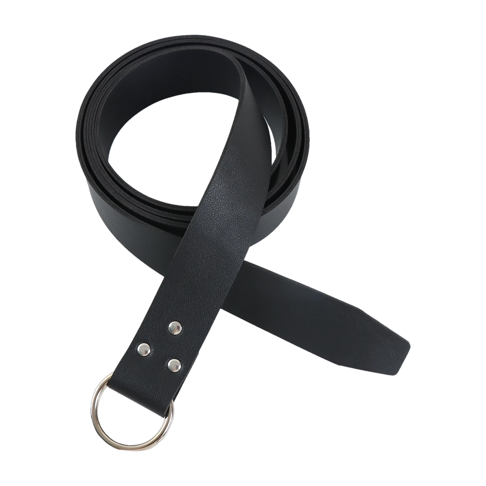 Black faux leather Viking ring belt with silver-tone ring, coiled