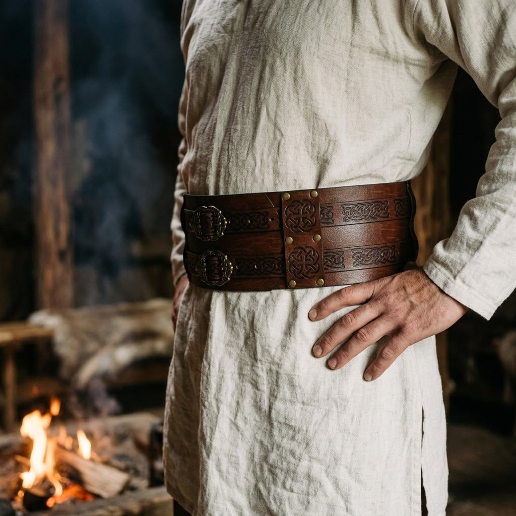 Ceinture large viking marron à entrelacs et double boucle portée sur une tunique de lin, dans une maison longue éclairée par le feu
