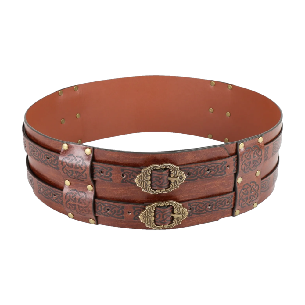 Ceinture large viking marron, deux sangles embossées d’entrelacs et deux boucles finition bronze