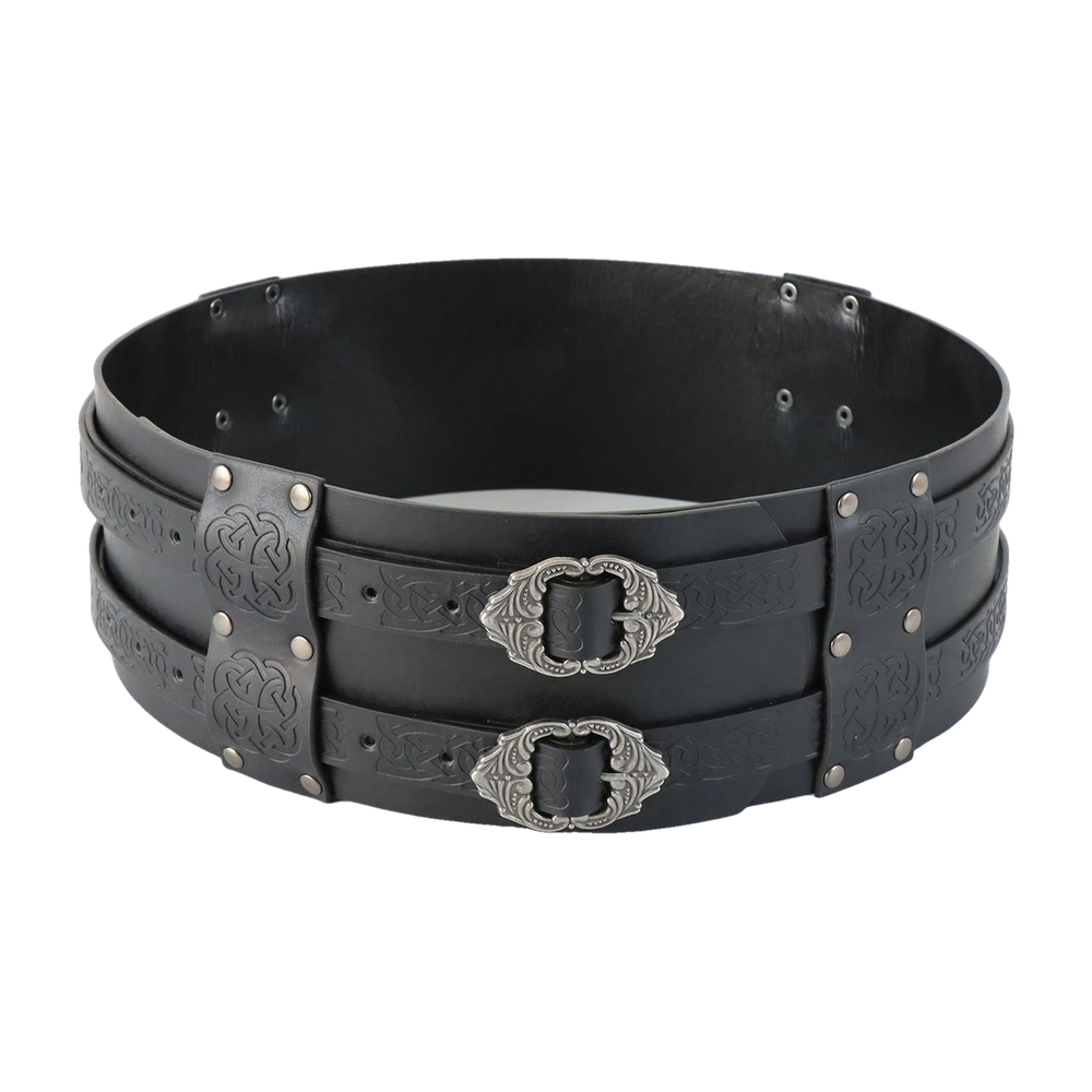 Ceinture large viking noire, deux sangles embossées d’entrelacs et deux boucles finition argent vieilli