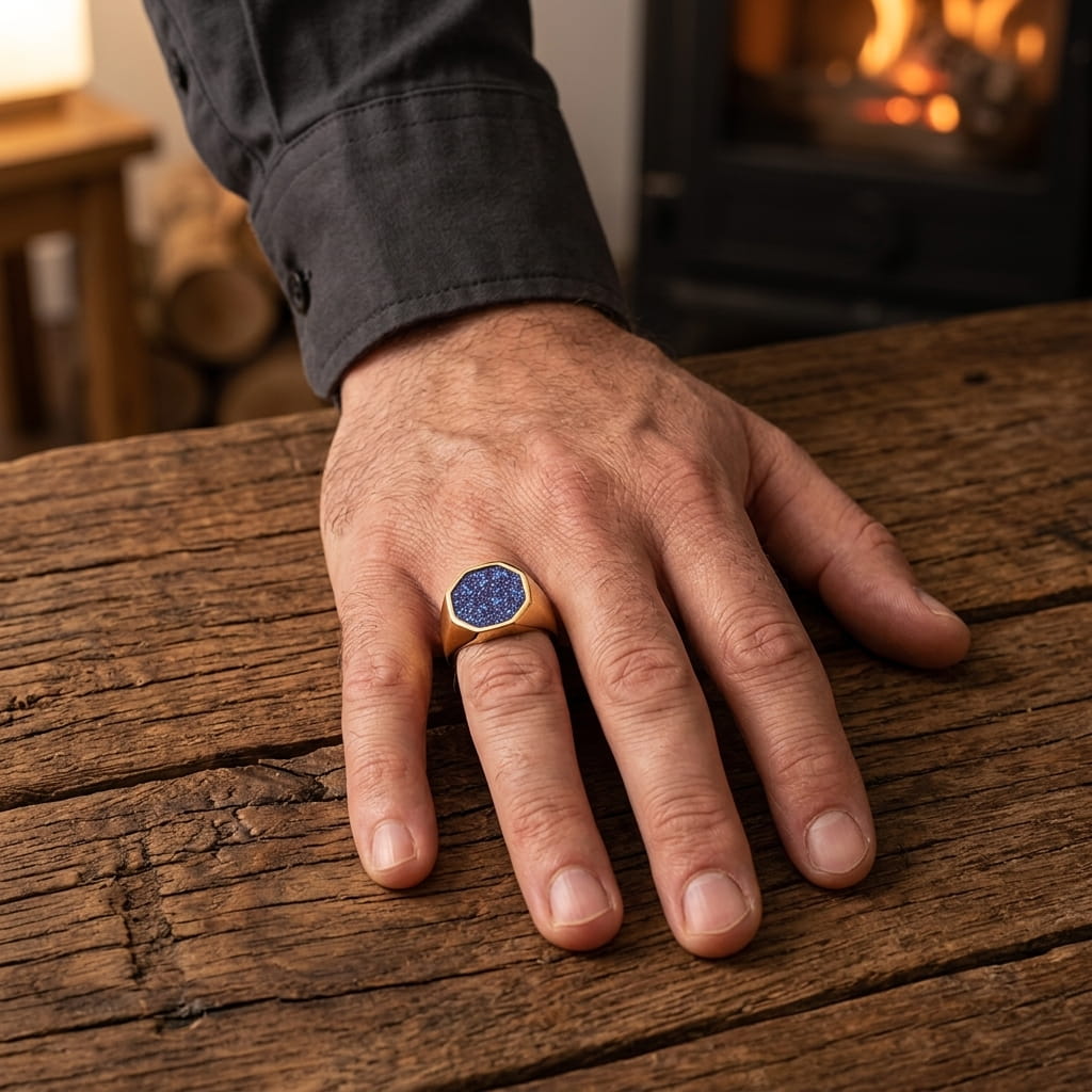 Chevalière dorée à plateau octogonal bleu pailleté portée au doigt, main sur une table en bois