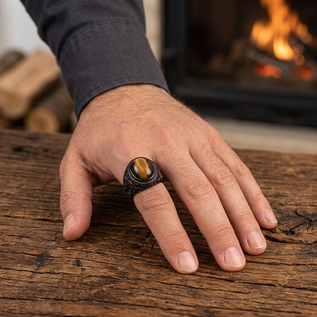 Chevalière noire à cabochon façon œil-de-tigre portée au doigt, main posée sur une table en bois