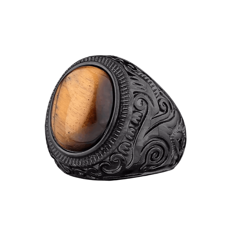 Chevalière en acier noir ciselé de volutes, grand cabochon ovale brun doré façon œil-de-tigre