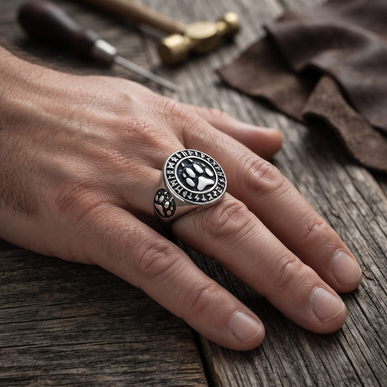 Chevalière ronde en acier à empreinte de patte d'ours cerclée de runes portée à l'annulaire d'une main d'homme