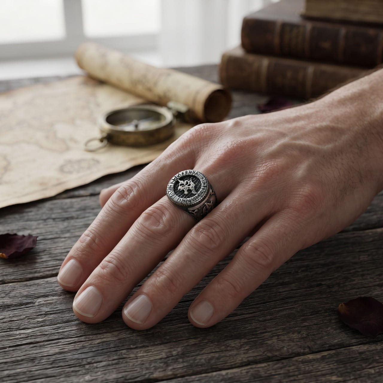Chevalière ronde en acier gravée de Sleipnir et de runes portée à l'annulaire d'une main d'homme, carte ancienne et compas