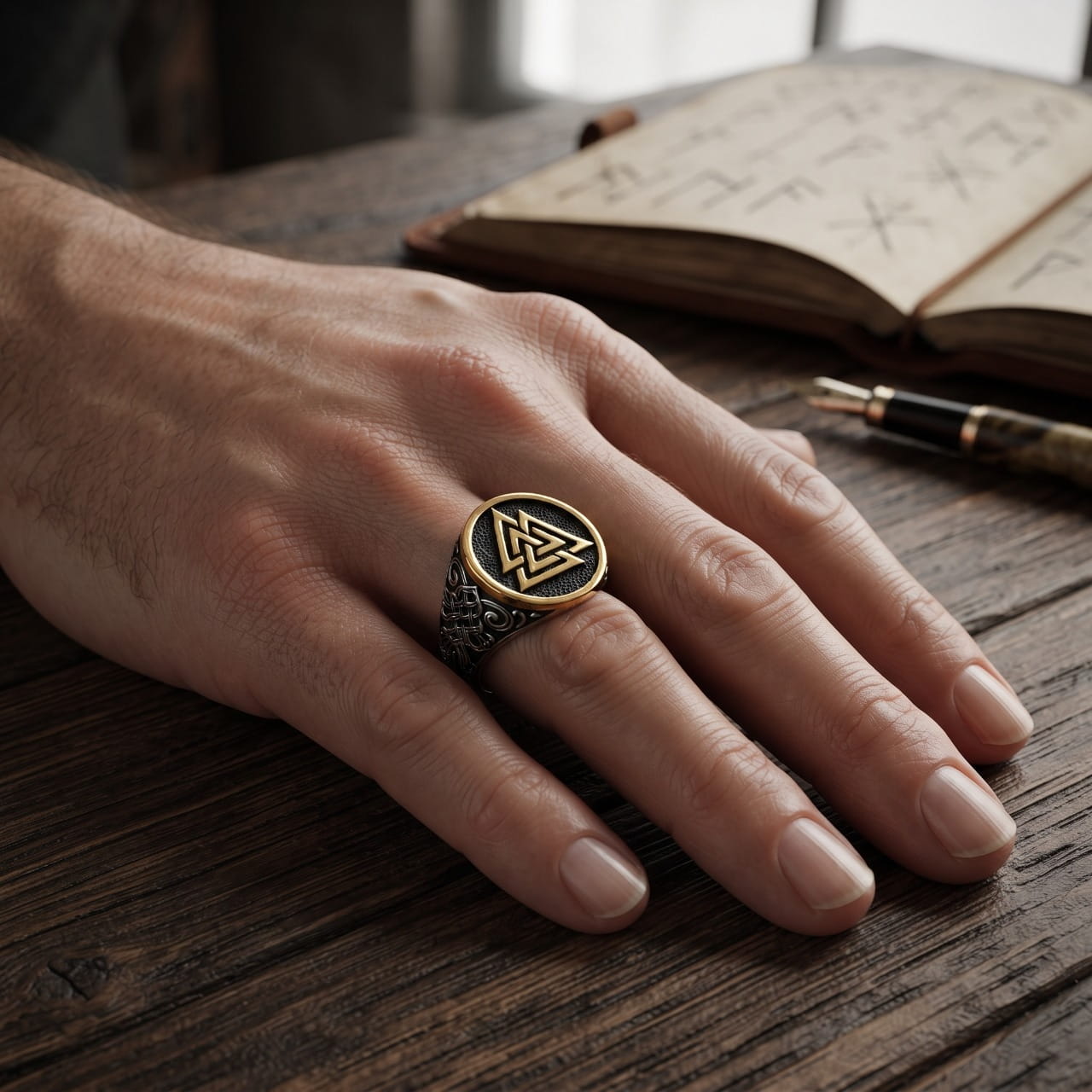 Chevalière dorée au Valknut sur fond noir portée à l'annulaire d'une main d'homme, carnet de runes ouvert