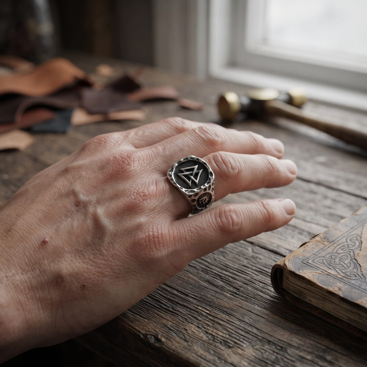 Chevalière en acier martelé au Valknut portée à l'annulaire d'une main d'homme, carnet en cuir et lumière de fenêtre