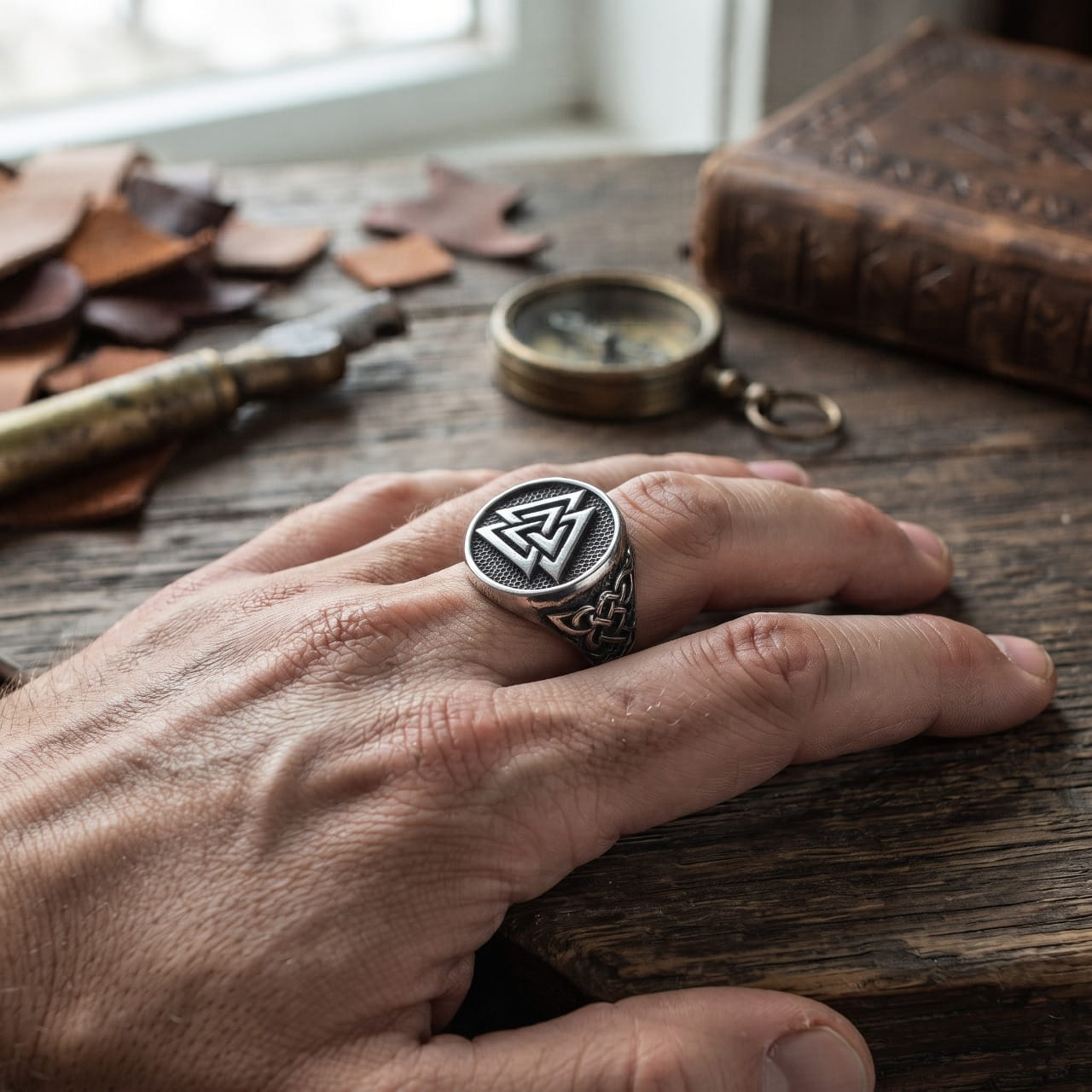 Chevalière en acier au Valknut sur fond noir portée à l'annulaire d'une main d'homme, boussole et cuir sur la table