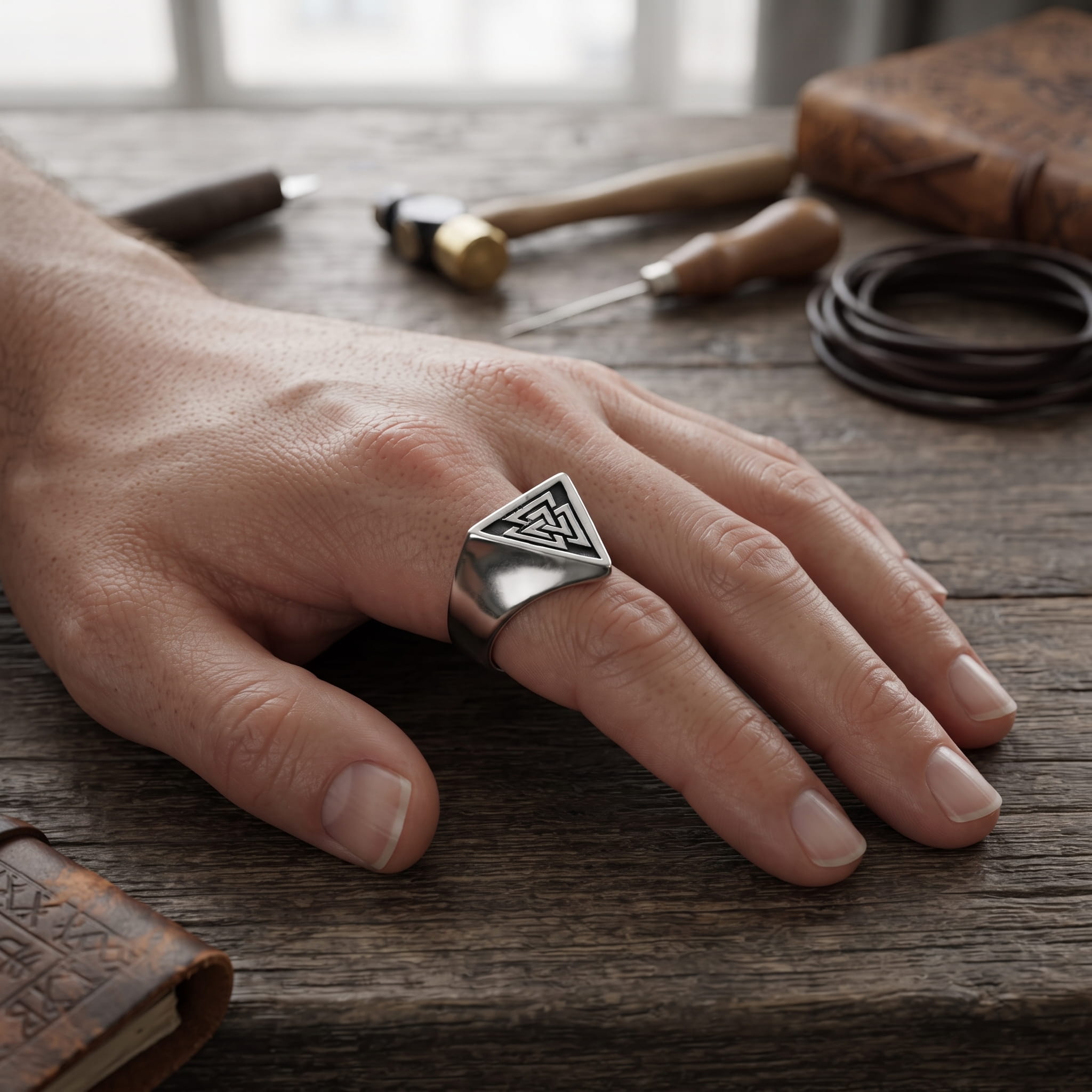 Chevalière triangulaire en acier poli au Valknut portée à l'annulaire d'une main d'homme, cordon de cuir sur l'établi