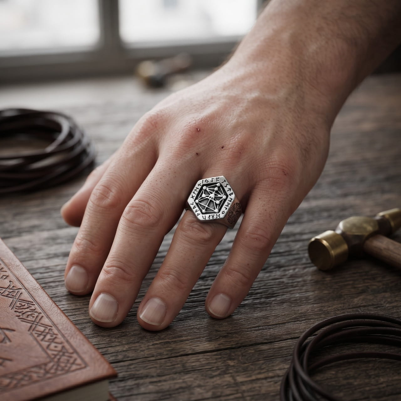 Chevalière hexagonale en acier gravée d'Yggdrasil et de runes portée à l'annulaire d'une main d'homme, cordon de cuir