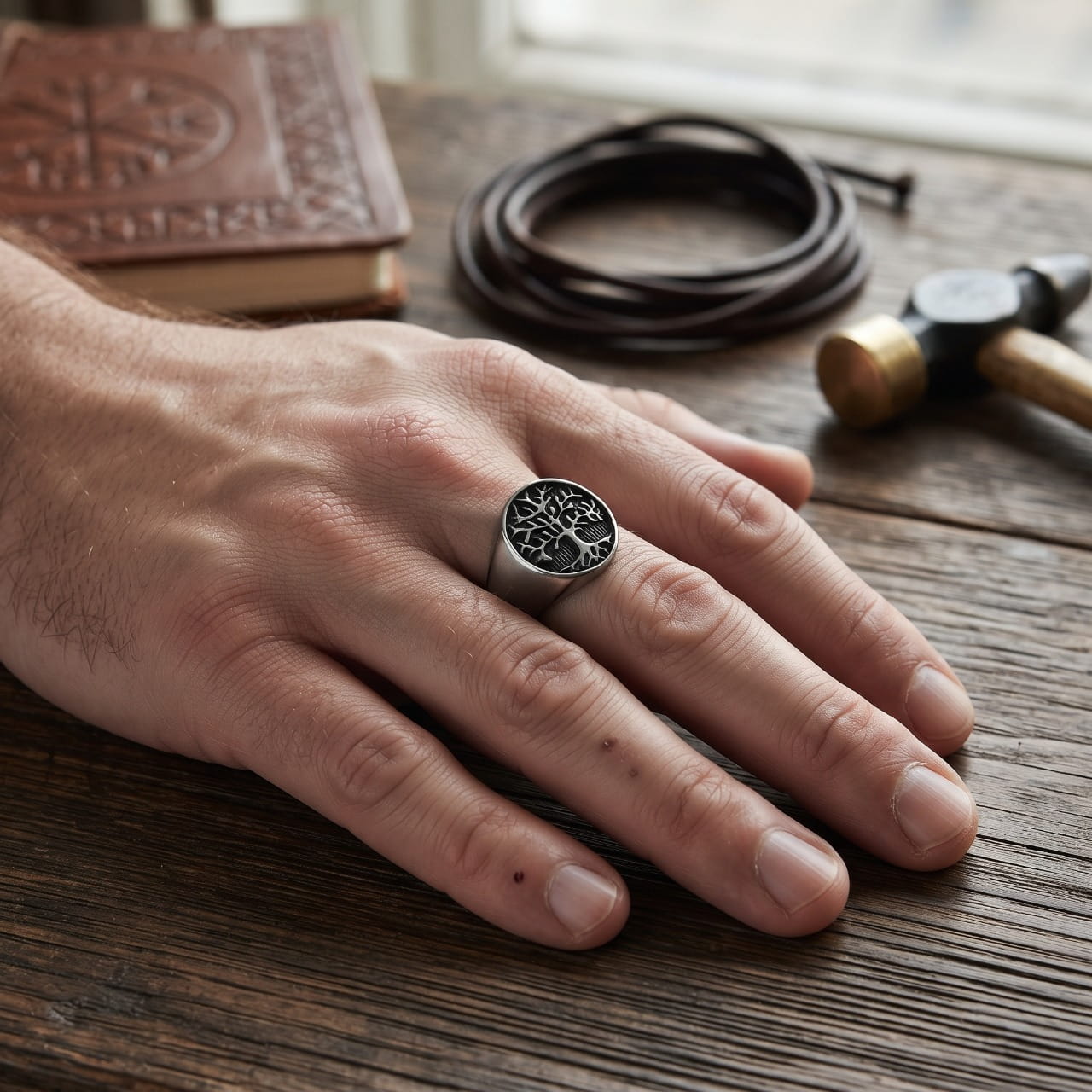 Chevalière ronde en acier poli gravée d'Yggdrasil portée à l'annulaire d'une main d'homme, cordon de cuir et carnet