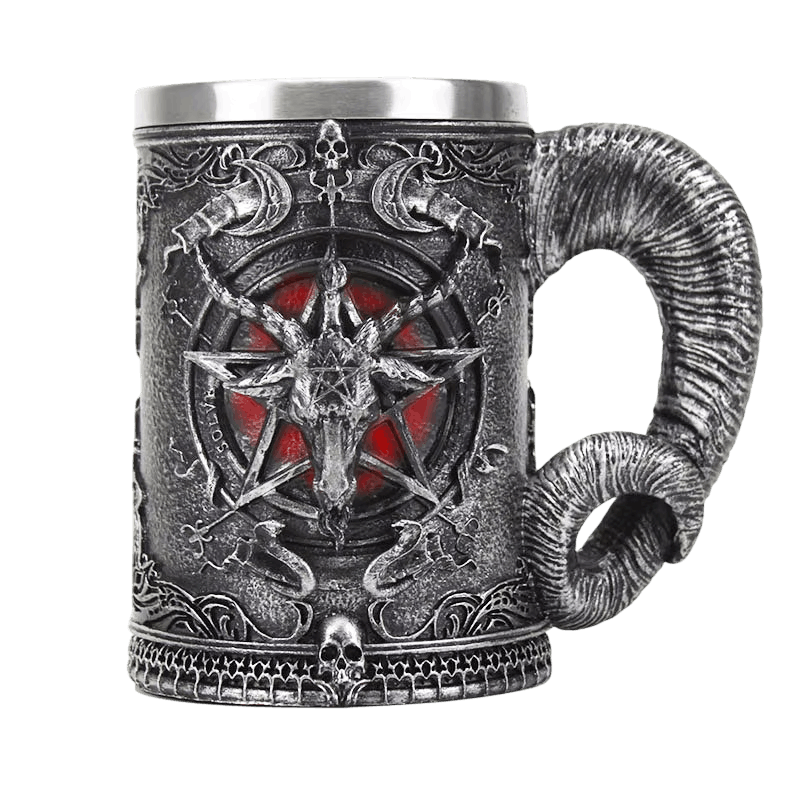 Chope Baphomet à anse en corne de bélier sculptée, pentagramme rouge et intérieur acier inoxydable