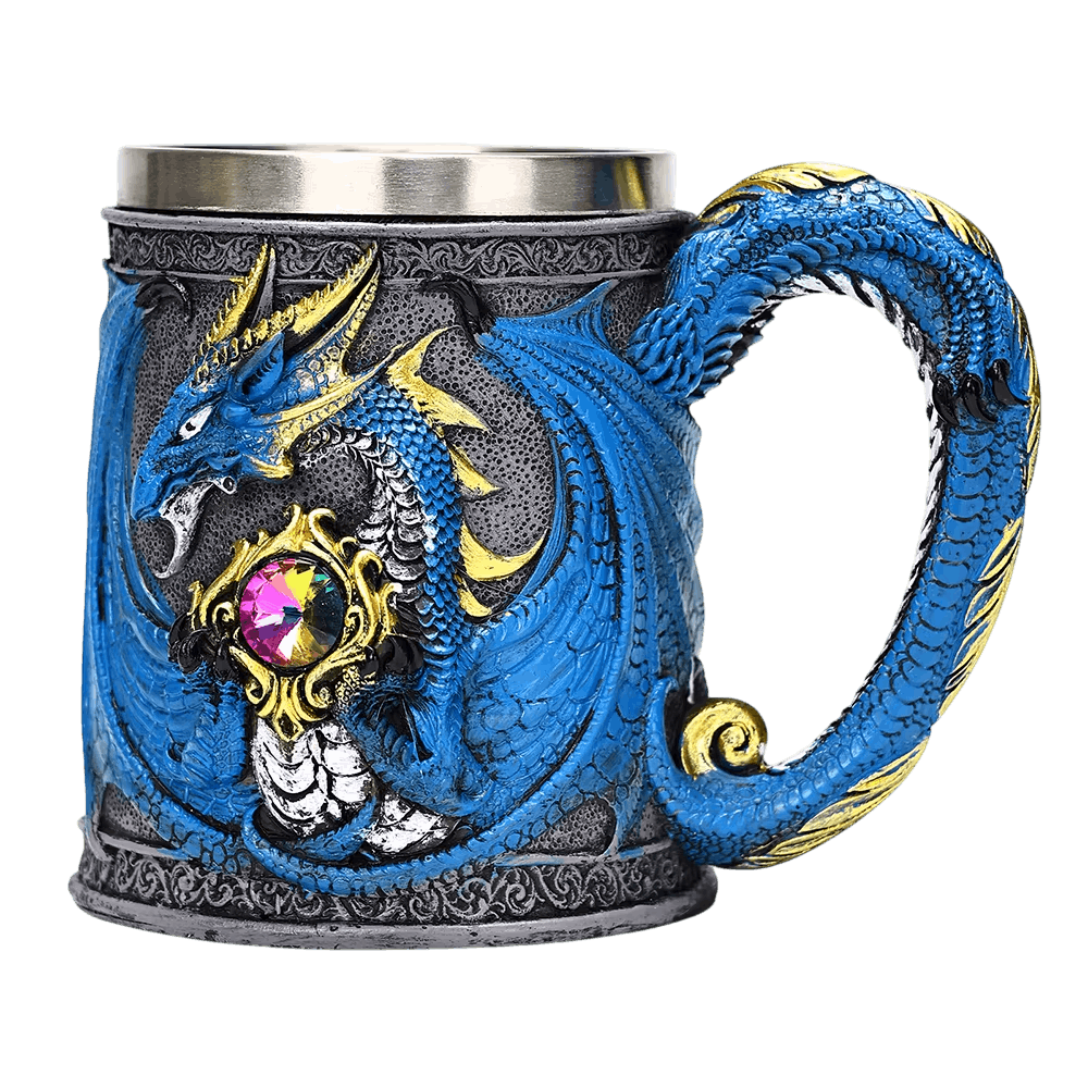 Chope dragon bleue à anse en dragon, écailles patinées et gemme irisÃ©e