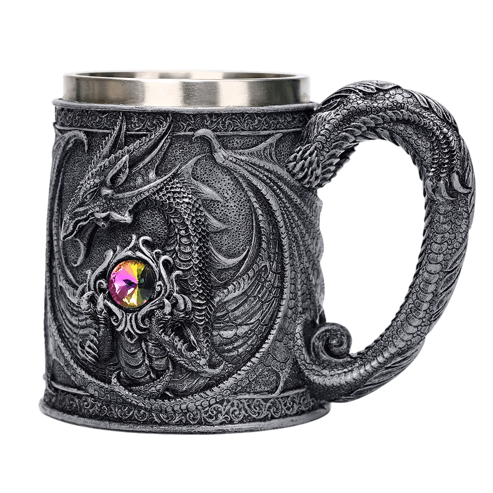 Chope dragon noire à anse en dragon enroulé, gemme sertiée et intérieur acier inoxydable