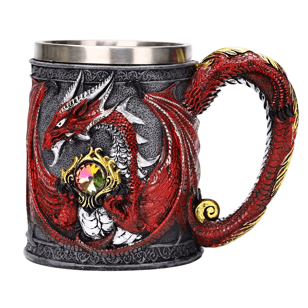 Chope dragon rouge à anse sculptée et ailes déployées, résine patinée