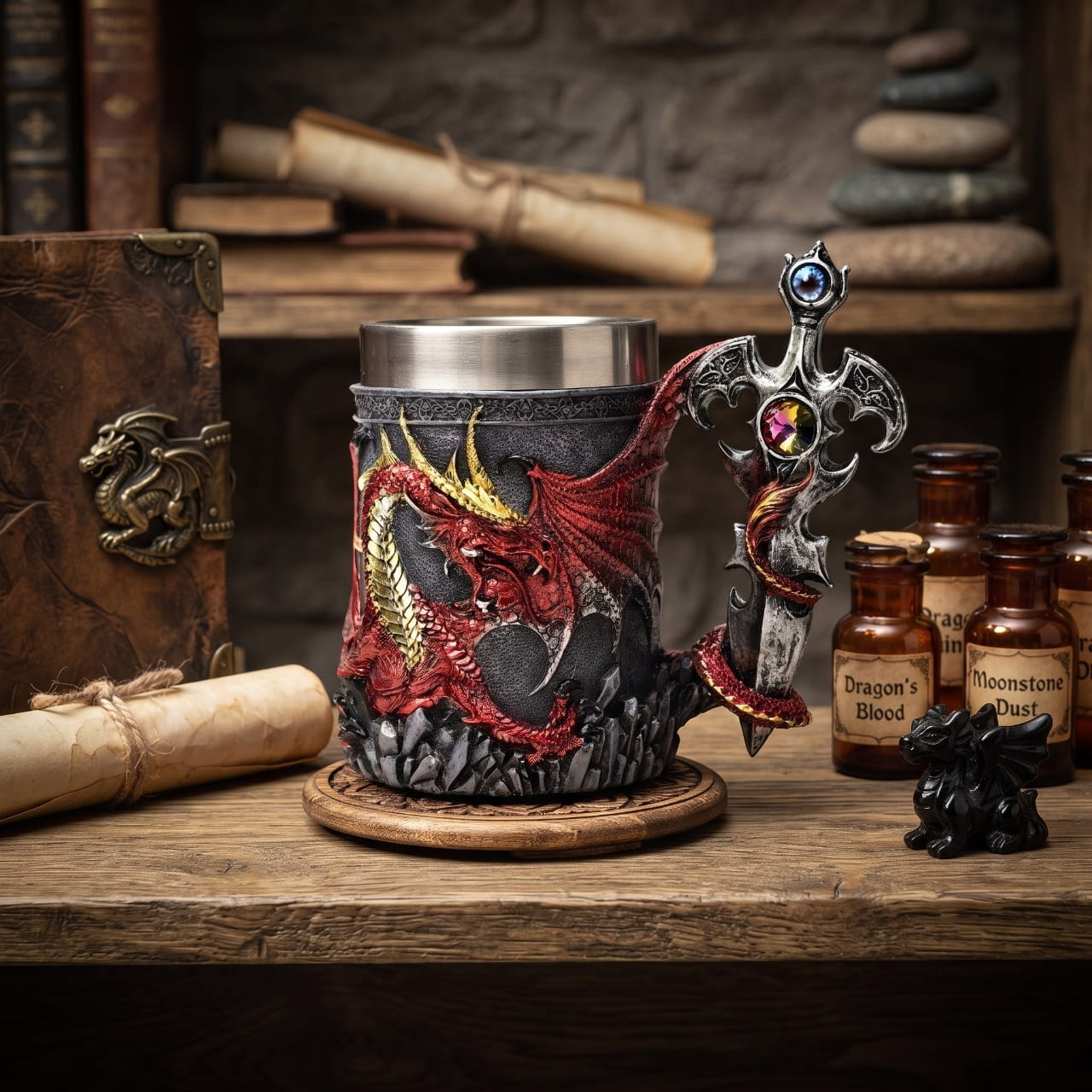 Chope dragon rouge à l'épée posée sur une table de pierre