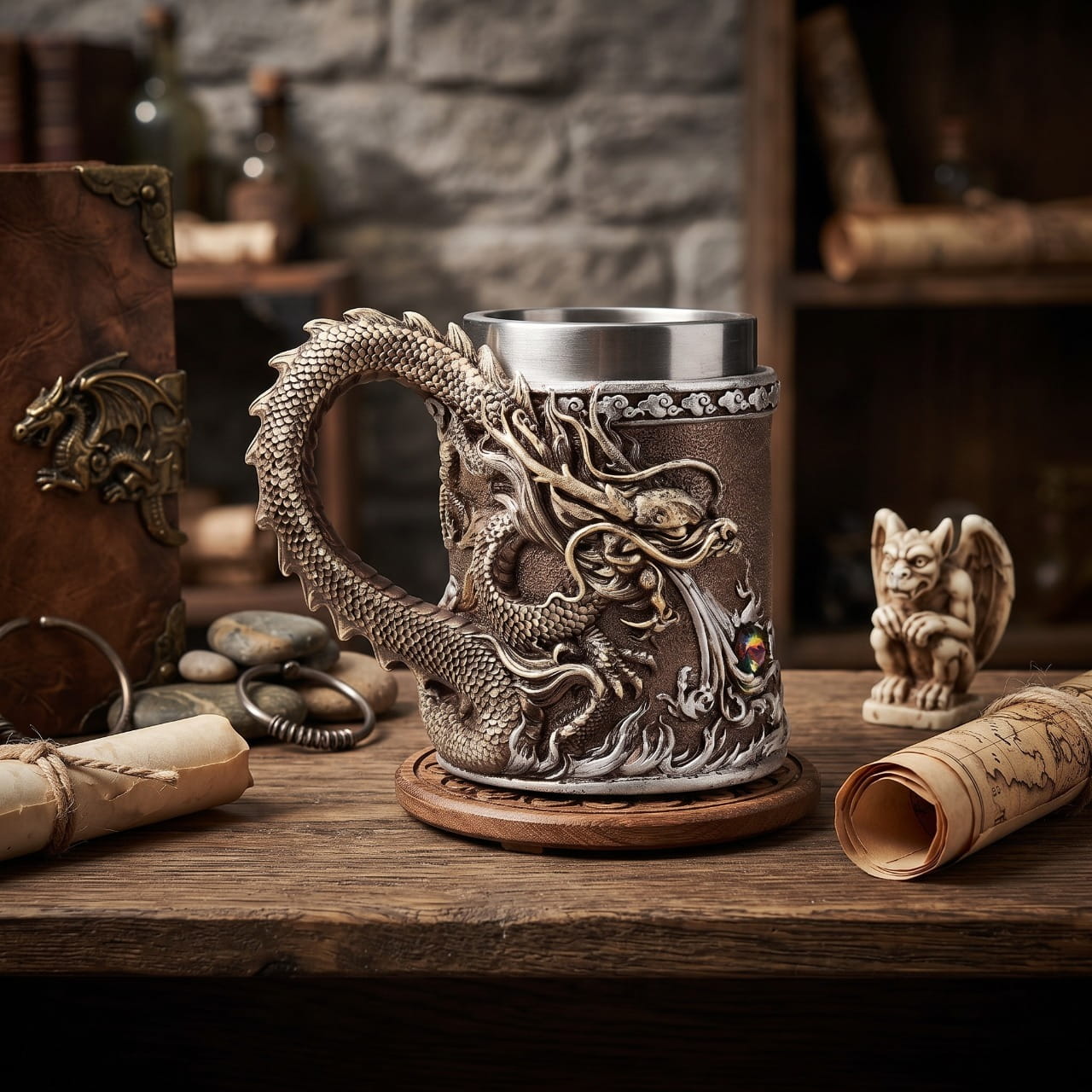 Chope dragon oriental bronze présentée en lumière chaude