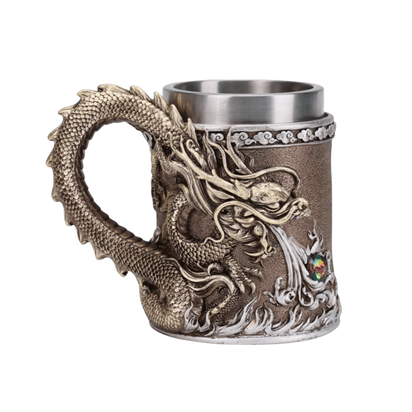Chope dragon oriental bronze, volutes de nuages et gemme sertiée