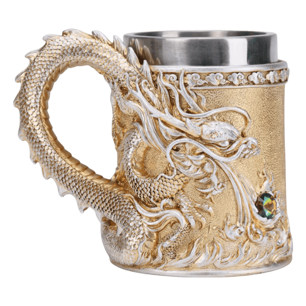 Chope au dragon oriental sculpté, anse en corps de dragon et intérieur acier inoxydable