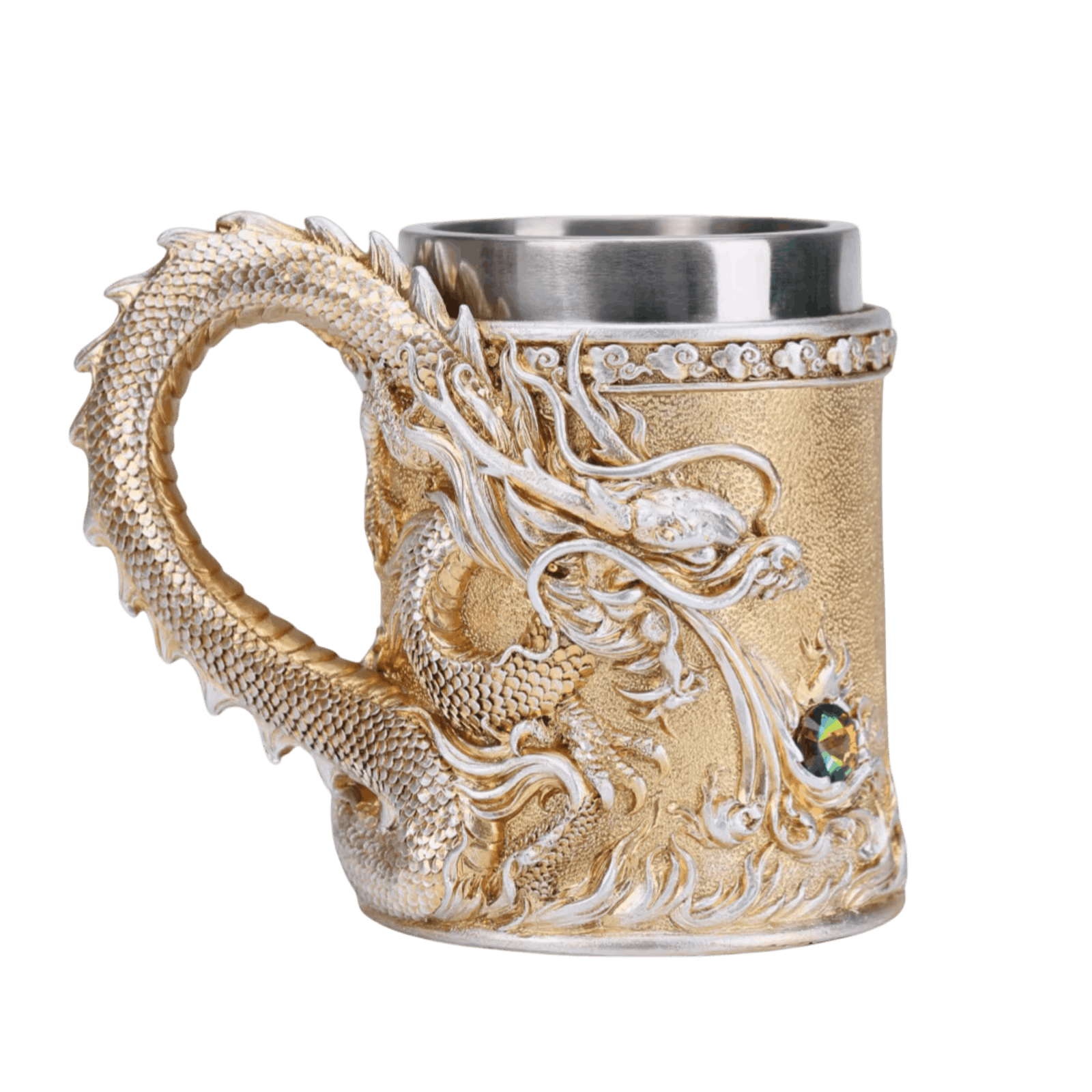 Chope au dragon oriental sculpté, anse en corps de dragon et intérieur acier inoxydable