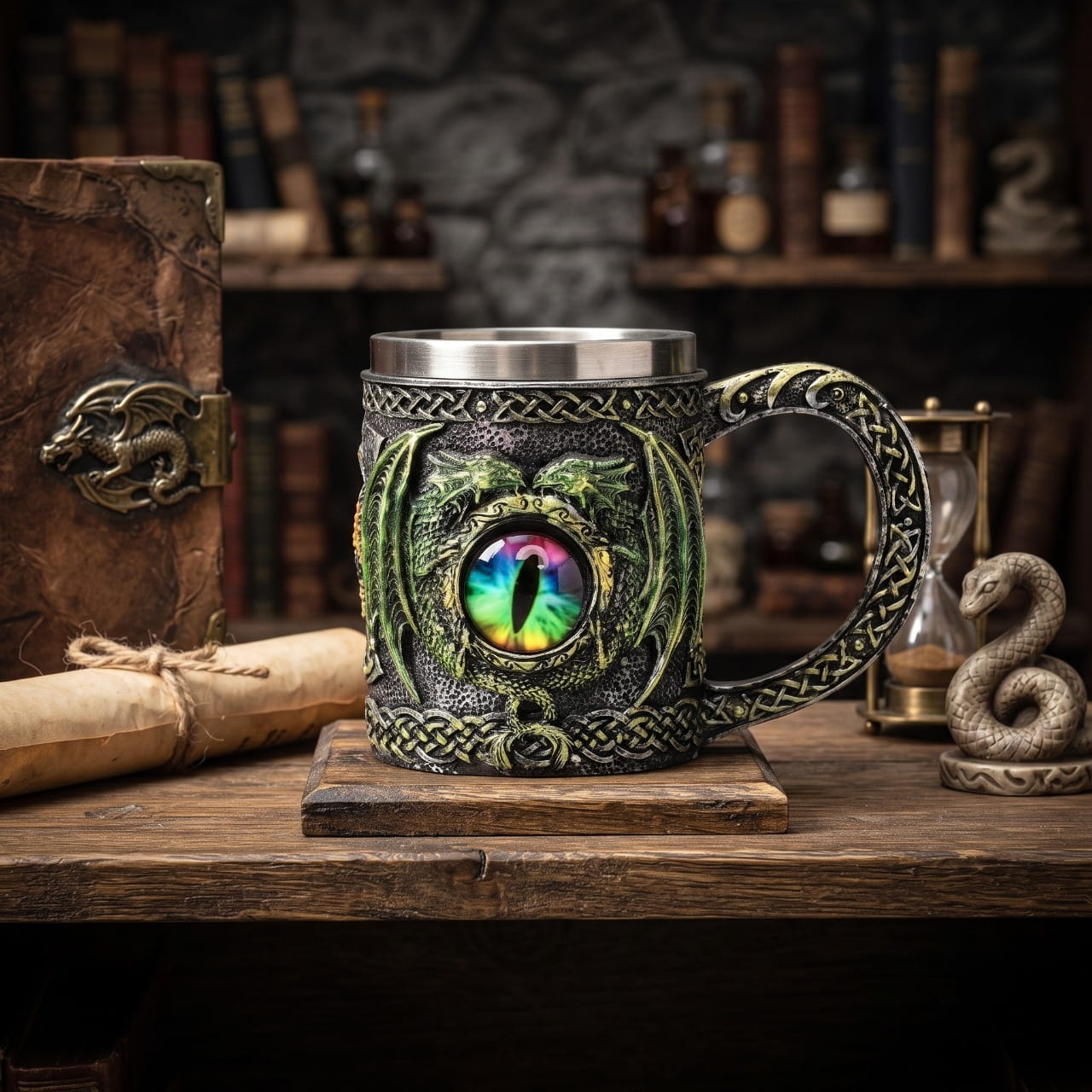 Chope œil de dragon posée sur une table de taverne en bois