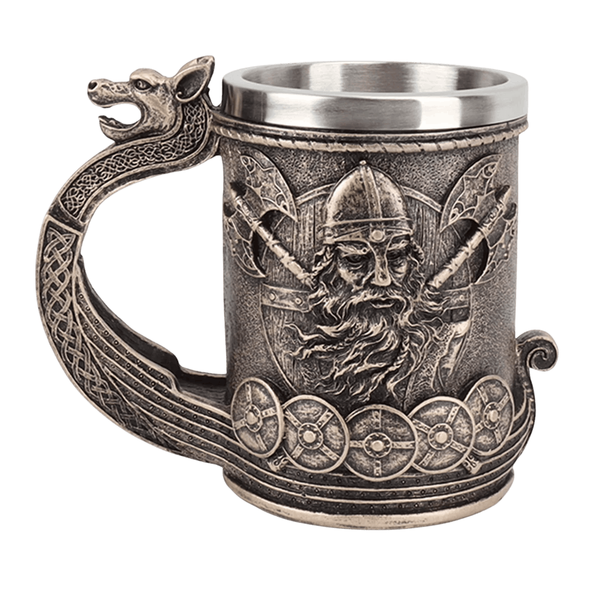 Chope viking acier inoxydable grande capacite avec resine sculptee motifs nordiques - Le Comptoir Viking