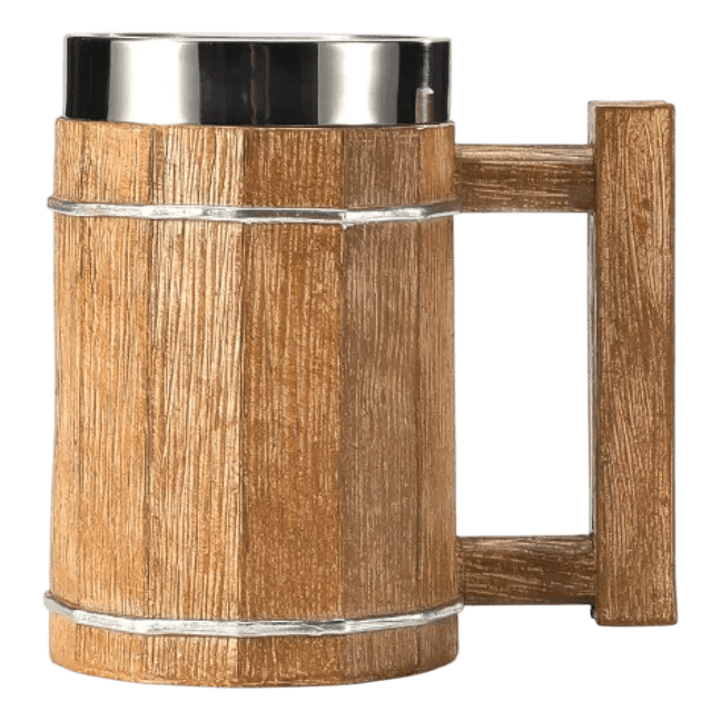 Chope viking 600ml imitation bois clair naturel avec anse géométrique rectangulaire. Mug isotherme grande capacité.
