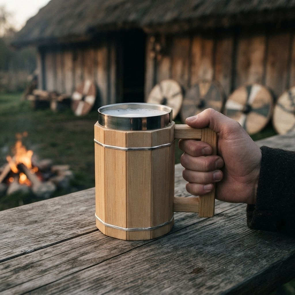 Chope viking octogonale en bois clair cerclée d'argent, 60 cl, tenue à la main sur une table devant une maison longue viking au crépuscule