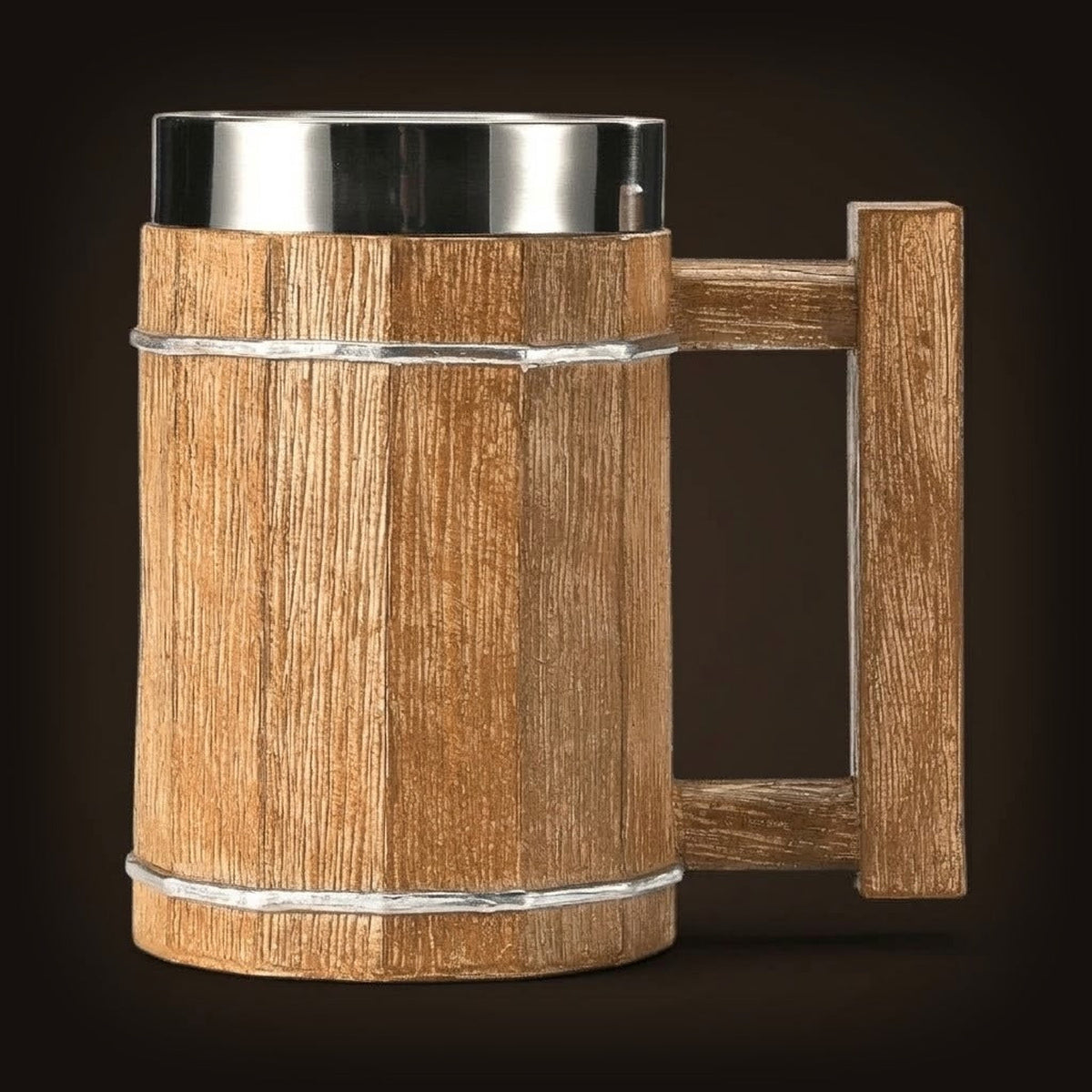 Chope viking 600ml imitation bois clair naturel avec anse géométrique rectangulaire. Mug isotherme grande capacité.